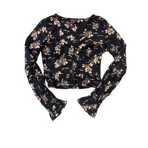 Rock & Roll‎ Denim Black Floral Print Smocked Cropped Long Sleeve Blouse